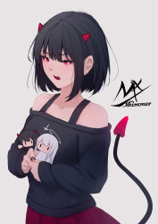 Rule 34 | 1girl, artist name, bare shoulders, black hair, black nails, black shirt, breasts, character doll, crying, crying with eyes open, demon girl, demon horns, demon tail, grey background, highres, horns, long sleeves, looking away, nail polish, off-shoulder shirt, off shoulder, open mouth, original, pleated skirt, red eyes, red skirt, shimmer, shirt, simple background, skirt, sleeves past wrists, small breasts, solo, tail, tail raised, tears, v-shaped eyebrows