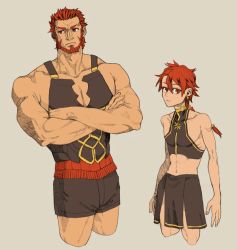 Rule 34 | 2boys, alexander (fate), armor, bare shoulders, beard, braid, crop top, crossed arms, dual persona, facial hair, fate/grand order, fate/zero, fate (series), iskandar (fate), leather armor, midriff, multiple boys, no cape, aged up, pectoral cleavage, pectorals, red eyes, red hair, shorts, single braid, tnaym, aged down