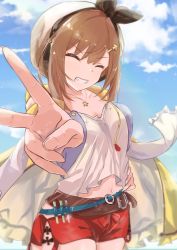 Rule 34 | 1girl, absurdres, atelier (series), atelier ryza, atelier ryza 1, belt, breasts, brown hair, closed eyes, collarbone, cowboy shot, hair ornament, hairclip, highres, jacket, jewelry, large breasts, midriff, navel, necklace, outstretched arm, parted lips, red shorts, reisalin stout, shirt, short hair, short shorts, shorts, sky, sleeveless, sleeveless jacket, smile, solo, star (symbol), star necklace, tabitsuki, test tube, v, white headwear, white shirt, yellow jacket