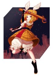 Rule 34 | 1girl, black footwear, blonde hair, bloomers, blunt bangs, boots, building, commentary request, double bun, dress, full body, grin, hair bun, hair ribbon, hand up, haniwa (statue), highres, holding, joutouguu mayumi, kyouda suzuka, looking at viewer, medium hair, outstretched arm, puffy short sleeves, puffy sleeves, ribbon, short sleeves, skyline, skyscraper, smile, solo, standing, standing on one leg, touhou, underwear, vambraces, white ribbon, yellow dress, yellow eyes