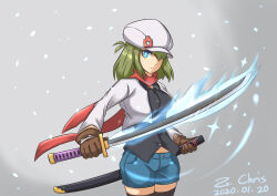 Rule 34 | 1girl, absurdres, black shirt, black thighhighs, blue eyes, blue shorts, borrowed character, breasts, brown gloves, cabbie hat, closed mouth, collared shirt, commentary, cropped jacket, dated, denim, denim shorts, dress shirt, english commentary, flaming sword, flaming weapon, gloves, green hair, grey background, hair over one eye, hat, highres, holding, holding sheath, holding sword, holding weapon, jacket, katana, long sleeves, looking at viewer, medium breasts, open clothes, open jacket, original, ponytail, sheath, shirt, short shorts, shorts, signature, simple background, smile, solo, sword, thighhighs, unsheathed, weapon, white hat, white jacket, yunomiya agari, z .chris