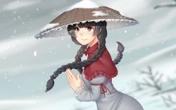 Rule 34 | 1girl, ajirogasa, arched back, bare tree, black hair, blurry, braid, capelet, cloud, cloudy sky, day, depth of field, dress, eyelashes, from side, grey dress, hat, highres, juliet sleeves, long sleeves, looking at viewer, mochi (chain csn), outdoors, own hands together, puffy sleeves, red eyes, short hair, sky, smile, snow, snowflakes, snowing, solo, touhou, tree, twin braids, yatadera narumi