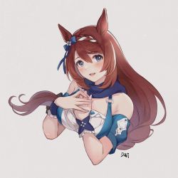 Rule 34 | 1girl, absurdres, animal ears, bare shoulders, blue bow, blue eyes, bow, braid, breasts, brown hair, commentary request, cropped torso, crown braid, da-cart, grey background, hair between eyes, hair bow, highres, large breasts, long hair, looking at viewer, short sleeves, solo, super creek (umamusume), umamusume, upper body, white background
