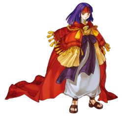 Rule 34 | 1girl, cape, fire emblem, fire emblem: path of radiance, headband, hime cut, kita senri, long hair, looking at viewer, nintendo, official art, oversized clothes, purple hair, robe, sanaki kirsch altina, sandals, simple background, solo, white background, yellow eyes