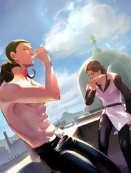 Rule 34 | 2boys, abs, belt, black hair, black pants, black shirt, blue sky, brown eyes, brown hair, cigarette, cityscape, closed mouth, cloud, cloudy sky, egypt, highres, holding, holding cigarette, jojo no kimyou na bouken, long hair, long sleeves, multiple boys, navel, outdoors, pants, rubber soul, shirt, sky, smile, smoke, smoking, stardust crusaders, steely dan, topless male, vest, white vest, zouhyou (at4190)