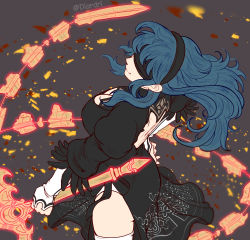 Rule 34 | 1girl, android, back cutout, black blindfold, black dress, black gloves, black hairband, black thighhighs, blindfold, blue eyes, blue hair, boots, breasts, byleth (female) (fire emblem), byleth (fire emblem), cleavage cutout, closed mouth, clothing cutout, commission, cosplay, covered eyes, diardri, dress, feather-trimmed sleeves, feather trim, fire emblem, fire emblem: three houses, gloves, hairband, highres, juliet sleeves, large breasts, leotard, long sleeves, looking at viewer, medium hair, nier (series), nier:automata, nintendo, puffy sleeves, simple background, smile, solo, sword, thighhighs, thighhighs under boots, thong leotard, two-sided fabric, two-sided skirt, vambraces, weapon, white leotard, 2b (nier:automata), 2b (nier:automata) (cosplay)