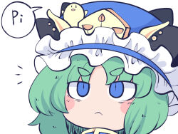 Rule 34 | 1girl, :&lt;, animal, animal on head, bird, bird on head, blue eyes, chahan (fried rice0614), chick, closed mouth, frilled hat, frills, green hair, hat, on head, one-hour drawing challenge, shiki eiki, short eyebrows, short hair, simple background, solo, speech bubble, touhou, upper body, white background