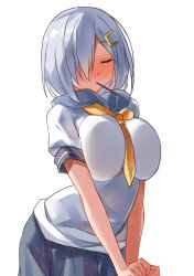 Rule 34 | 10s, 1girl, against wall, arms at sides, bad id, bad pixiv id, between breasts, breast press, breasts, closed eyes, closed mouth, cowboy shot, food, hair ornament, hair over one eye, hairclip, hamakaze (kancolle), kantai collection, large breasts, mouth hold, neckerchief, own hands together, pocky, school uniform, serafuku, short hair, silver hair, simple background, skirt, solo, v arms, white background, yellow neckerchief, yostxxx