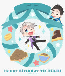 Rule 34 | 2018, 2boys, ;d, ^ ^, black hair, blue eyes, bow, chibi, christmas wreath, closed eyes, dated, happy birthday, heart-shaped mouth, highres, ice skates, jewelry, katsudon (food), katsuki yuuri, makkachin, male focus, multiple boys, one eye closed, open mouth, outstretched arms, ring, ruei (chicking), silver hair, skates, smile, snowflakes, spread arms, star (symbol), viktor nikiforov, wreath, yuri!!! on ice