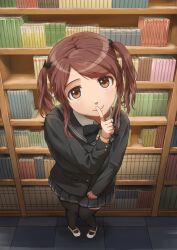 Rule 34 | 1girl, amagami, black bow, black bowtie, black jacket, black sailor collar, black thighhighs, book, bookend, bookshelf, bow, bowtie, brown eyes, brown hair, brown sweater, checkered floor, closed mouth, collared shirt, commentary, dress shirt, finger to mouth, foreshortening, from above, full body, grey skirt, hair bow, head tilt, highres, index finger raised, indoors, jacket, kibito high school uniform, library, long sleeves, looking at viewer, looking up, medium hair, mikawa mikan, nakata sae, pantyhose, perspective, pleated skirt, sailor collar, school uniform, shadow, shirt, shoes, shushing, skirt, smile, solo, standing, sweater, swept bangs, thighhighs, tile floor, tiles, twintails, upturned eyes, uwabaki, white shirt