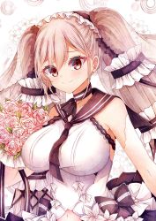 Rule 34 | 1girl, azur lane, blush, bouquet, breasts, brown eyes, dress, flower, formidable (azur lane), formidable (timeless classics) (azur lane), hairband, highres, large breasts, lolita hairband, long hair, looking at viewer, official alternate costume, sailor collar, silver hair, smile, soda (sodachuxd), solo, twintails, upper body, very long hair, white dress