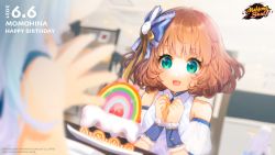 Rule 34 | 1girl, 2021, aqua eyes, bare shoulders, blue bow, blurry, blurry background, blurry foreground, bow, cake, character name, copyright name, copyright notice, dated, depth of field, detached sleeves, dutch angle, food, fruit, hair bow, happy birthday, highres, hina momo, kotsuru kari, light brown hair, logo, mahjong soul, official art, official wallpaper, open mouth, plate, rainbow order, smile, solo, strawberry, wrist cuffs, yostar