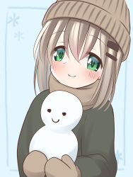 Rule 34 | 1girl, blush, closed mouth, coat, female focus, gloves, green eyes, grey hair, hair ornament, hairclip, hat, highres, holding, holding snowman, looking at viewer, medium hair, niwatorix jpg, open mouth, scarf, smile, snowman, solo, winter clothes, yama no susume, yukimura aoi