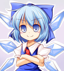 Rule 34 | 1girl, ascot, baku-p, blue background, blue eyes, blue hair, bow, cirno, crossed arms, female focus, hair bow, ice, ice wings, matching hair/eyes, one eye closed, puffy sleeves, short hair, short sleeves, smile, solo, touhou, upper body, wings, wink