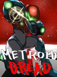 Rule 34 | 1girl, arm cannon, armor, arms up, artist request, copyright name, glowing, helmet, highres, kneeling, looking at viewer, metroid, metroid dread, nintendo, pauldrons, pointing, pointing at viewer, pointing weapon, power armor, red background, samus aran, shoulder armor, simple background, solo, star (sky), visor, weapon