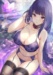 Rule 34 | 1girl, alternate costume, armpit crease, bare arms, bare shoulders, black choker, black pantyhose, black thighhighs, blunt bangs, bra, braid, breasts, cherry blossoms, choker, cleavage, collarbone, commentary request, cowboy shot, detached collar, electricity, embroidered legwear, falling petals, floral print, from above, garter belt, garter straps, genshin impact, glowing, glowing petals, hand in own hair, hand up, head tilt, highres, lace, lace-trimmed bra, lace-trimmed thighhighs, lace trim, large breasts, leaf, leaning to the side, lens flare, light particles, linea alba, lingerie, long braid, long hair, looking at viewer, looking to the side, low-braided long hair, low-tied long hair, matsumoto mitsuaki, mole, mole under eye, navel, neck ribbon, open mouth, panties, pantyhose, parted lips, petals, purple bra, purple eyes, purple garter belt, purple hair, purple panties, raiden shogun, rainbow, red ribbon, ribbon, ripples, shade, shallow water, sidelocks, single braid, sitting, skindentation, solo, stomach, string panties, sunlight, thick thighs, thighhighs, thighs, underwear, underwear only, very long hair, water, wet