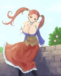 Rule 34 | 1girl, bare shoulders, breasts, brown eyes, cleavage, dragon quest, dragon quest viii, hair ornament, highres, jessica albert, juju (poipoipui), large breasts, no bra, red hair, skirt, solo, twintails