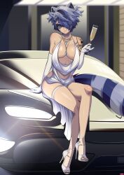 Rule 34 | 1girl, absurdres, animal ears, arm tattoo, azur lane, bare shoulders, black nails, blue eyes, blue hair, breasts, car, champagne flute, collarbone, cosplay, cup, dress, drinking glass, elbow gloves, gloves, hair over one eye, headlight, high heels, highres, indie virtual youtuber, jewelry, letter hair ornament, medium breasts, motor vehicle, necklace, raccoon ears, raccoon girl, revealing clothes, short hair, sitting on car, snake tattoo, snuffy (vtuber), solo, sports car, st. louis (azur lane), st. louis (azur lane) (cosplay), st. louis (luxurious wheels) (azur lane), steve chopz, tattoo, virtual youtuber, white dress, white footwear, white gloves