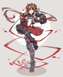 Rule 34 | 1girl, absurdres, armor, armored boots, boots, brown eyes, brown hair, closed mouth, commentary, english commentary, full body, gauntlets, grey background, heart, highres, linglings art, long hair, looking at viewer, lora (xenoblade), pauldrons, pleated skirt, ponytail, red skirt, shadow, shoulder armor, simple background, skirt, solo, standing, standing on one leg, very long hair, xenoblade chronicles (series), xenoblade chronicles 2, xenoblade chronicles 2: torna - the golden country