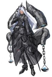 Rule 34 | 1girl, absurdres, aokuma (yuuran create), armor, black dress, black footwear, boots, commentary, dress, floating, floating object, headgear, highres, holding, holding sword, holding weapon, long hair, original, power armor, rapier, scales, solo, sword, symbol-only commentary, weapon, white background, white hair, yellow eyes