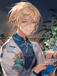 Rule 34 | 1boy, bad id, bad twitter id, blonde hair, blue bow, blue bowtie, blue shirt, bow, bowtie, chyoel, cup, ensemble stars!, flower, green eyes, hair between eyes, highres, holding, jacket, kerchief, long sleeves, looking at viewer, male focus, open clothes, open jacket, shirt, short hair, smile, solo, teacup, tears, tenshouin eichi, upper body, white flower, white jacket