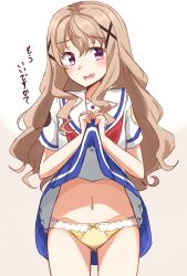 Rule 34 | 1girl, absurdres, blush, clothes lift, commentary request, cowboy shot, gluteal fold, hair ornament, high school fleet, highres, kapatarou, lifted by self, light brown hair, long hair, looking at viewer, navel, open mouth, panties, purple eyes, school uniform, serafuku, short sleeves, skirt, skirt lift, solo, stomach, translation request, uda megumi, underwear, x hair ornament, yellow panties, yokosuka girls marine high school uniform
