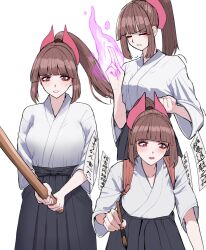 Rule 34 | 1girl, blush, bokken, breasts, brown eyes, brown hair, clenched hand, collarbone, energy, highres, hyoshiki, japanese clothes, large breasts, leaning forward, long hair, multiple views, original, parted lips, ponytail, stance, sword, weapon, white background, wooden sword
