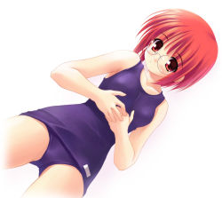 Rule 34 | 1girl, :/, akamaru, blue one-piece swimsuit, blush, breasts, closed mouth, cowboy shot, crotch, dutch angle, eyebrows, glasses, gluteal fold, hand on own stomach, legs apart, looking at viewer, nose pads, old school swimsuit, one-piece swimsuit, original, own hands together, red eyes, red hair, rimless eyewear, school swimsuit, short hair, simple background, small breasts, solo, standing, swimsuit