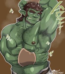 Rule 34 | 1boy, abs, arm up, armpit stubble, armpits, bara, colored skin, green skin, hairy, huge eyebrows, large pectorals, male focus, mature male, monster boy, muscular, muscular male, mutton chops, navel, nipples, orc, original, osa (marumaru023), pectorals, pointy ears, sanpaku, short hair, smelling armpit, solo, sparse chest hair, sparse navel hair, steaming body, sweat, thick arm hair, topless male, tsurime, tusks, very sweaty