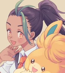 Rule 34 | 1girl, :d, black hair, bright pupils, collared shirt, commentary request, creatures (company), eyelashes, freckles, game freak, green hair, hand up, highres, komasawa (fmn-ppp), multicolored hair, necktie, nemona (pokemon), nintendo, open mouth, orange eyes, orange necktie, pawmot, pokemon, pokemon (creature), pokemon sv, ponytail, shirt, smile, strap, streaked hair, two-tone hair, white shirt