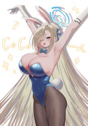 Rule 34 | 1girl, absurdres, animal ears, aqua bow, aqua bowtie, aqua leotard, armpits, arms up, asuna (blue archive), asuna (bunny) (blue archive), asymmetrical bangs, bare shoulders, black pantyhose, blue archive, blush, bow, bowtie, breasts, cleavage, commentary, covered navel, detached collar, fake animal ears, fake tail, gloves, hair over one eye, halo, highres, huge breasts, leotard, light brown hair, long bangs, long hair, looking at viewer, mole, mole on breast, official alternate costume, outstretched arms, pantyhose, playboy bunny, rabbit ears, rabbit tail, seoki (hi3031), smile, solo, sparkle, tail, very long hair, white gloves