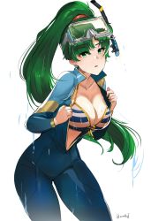 Rule 34 | 1girl, alternate costume, bikini, blue bikini, blush, bodysuit, breasts, diving mask, diving mask on head, diving suit, fire emblem, fire emblem: the blazing blade, fire emblem heroes, goggles, goggles on head, green eyes, green hair, highres, long hair, looking at viewer, lyn (fire emblem), nintendo, ormille, ponytail, snorkel, solo, striped bikini, striped clothes, swimsuit, wetsuit