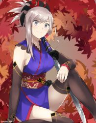 Rule 34 | 1girl, autumn leaves, black thighhighs, detached sleeves, fate/grand order, fate (series), grey eyes, grey hair, hair ornament, japanese clothes, katana, kimono, looking at viewer, miyamoto musashi (fate), miyamoto musashi (first ascension) (fate), obi, ponytail, sash, short kimono, sitting, smile, solo, somechime (sometime1209), sword, thighhighs, weapon