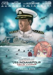 Rule 34 | 1boy, 1girl, commentary request, copyright name, english text, faceless, faceless male, h2 (h20000000), i-58 (kancolle), kantai collection, movie poster, nicolas cage, parody, partially submerged, shark fin, uss indianapolis (ca-35)