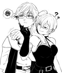 Rule 34 | 1boy, 1girl, ?, ??, choker, commentary request, dress, eyelashes, frown, glasses, gloves, hand on another&#039;s chin, hand up, land (sousou no frieren), long hair, looking to the side, monochrome, pleated dress, rectangular eyewear, shiharu1115, short hair, simple background, single glove, smile, sousou no frieren, thought bubble, ubel (sousou no frieren), upper body, white background