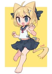Rule 34 | 1girl, :d, ahoge, animal ears, artist name, bandaid, bandaid on knee, bandaid on leg, barefoot, blonde hair, blue bow, blue eyes, blue sailor collar, blue skirt, blush, bow, breasts, cat ears, cat girl, claw pose, commentary request, fang, full body, hair bow, hair ornament, hairclip, highres, looking at viewer, midriff, miniskirt, nanatsuta, navel, neckerchief, open mouth, original, pleated skirt, red neckerchief, sailor collar, sailor shirt, shirt, short hair, signature, skin fang, skirt, sleeveless, sleeveless shirt, small breasts, smile, solo, toes, white background, white shirt, yellow background