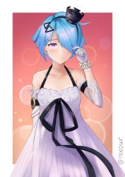 Rule 34 | 1girl, absurdres, ahoge, alternate eye color, arm strap, bare shoulders, blue hair, blush, closed mouth, collarbone, dress, elbow gloves, embarrassed, girls&#039; frontline, gloves, hair ornament, hair over one eye, twirling hair, hairband, hairclip, highres, looking at viewer, nixour, official alternate costume, purple eyes, short hair, twitter username, white dress, zas m21 (girls&#039; frontline), zas m21 (white queen) (girls&#039; frontline)