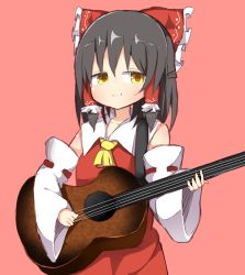 Rule 34 | 1girl, akabeco, black hair, blush, bow, closed mouth, collarbone, cookie (touhou), detached sleeves, guitar, hair bow, hair tubes, hakurei reimu, highres, holding, holding instrument, instrument, looking at viewer, music, playing instrument, red bow, sananana (cookie), short hair, smile, solo, touhou, upper body, yellow eyes