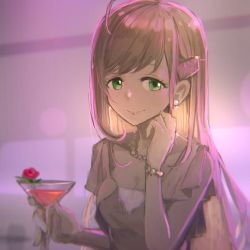 Rule 34 | 1girl, ahoge, backlighting, blonde hair, blouse, bracelet, cocktail glass, commentary request, cup, drinking glass, earrings, flower, green eyes, hair down, hair ornament, holding, holding cup, holding drinking glass, holysnow, idolmaster, idolmaster cinderella girls, idolmaster cinderella girls starlight stage, jewelry, long hair, looking at viewer, necklace, pearl bracelet, pearl earrings, pearl necklace, rose, sato shin, shirt, sketch, smile, solo, upper body