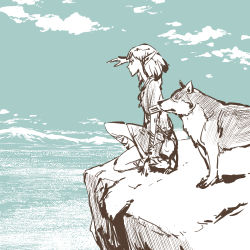 Rule 34 | 1girl, cliff, cloud, cloudy sky, commentary request, crosshatching, day, elf, from side, hand up, hatching (texture), horizon, limited palette, looking afar, lowres, medium hair, nature, original, outdoors, pointy ears, profile, shading eyes, short sleeves, sky, squatting