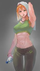 Rule 34 | 1girl, abs, animification, arm up, armpits, bangle, bottle, bracelet, breasts, collarbone, feet out of frame, green eyes, green pants, hair between eyes, hair tie, highres, holding, holding bottle, holding towel, jewelry, large breasts, lips, looking at viewer, medium breasts, midriff, muscular, navel, necklace, open mouth, orange hair, pants, parted lips, ponytail, scar, scar on arm, sidelocks, simple background, skye (valorant), solo, sports bra, sweat, sweatdrop, towel, valorant, yuioh08