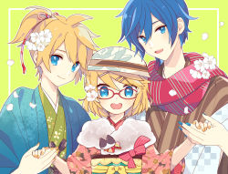 Rule 34 | 1girl, 2boys, :d, blonde hair, blue eyes, blue hair, blue nails, brother and sister, cherry blossoms, closed mouth, commentary request, flower, fur collar, glasses, green background, hair flower, hair ornament, hairclip, holding hands, hat, japanese clothes, kagamine len, kagamine rin, kaito (vocaloid), kimono, looking at viewer, multiple boys, nail polish, obi, open mouth, orange nails, outline, petals, ponytail, red-framed eyewear, sash, scarf, short hair, siblings, smile, upper body, vocaloid, white flower, white outline, yoshiki