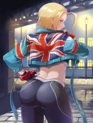Rule 34 | 1girl, absurdres, ass, black pants, blonde hair, blue eyes, blue jacket, cammy white, commentary request, cropped jacket, fence, from behind, gloves, hair intakes, hand on own hip, highres, jacket, kunimaki, lamppost, looking back, outdoors, pants, short hair, solo, street fighter, street fighter 6, union jack, window, yoga pants