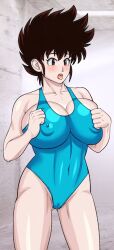 Rule 34 | 1girl, breasts, brown eyes, brown hair, honoo no toukyuuji: dodge danpei, ichigeki haruka, large breasts, mature female, covered erect nipples, one-piece swimsuit, open mouth, short hair, solo, swimsuit