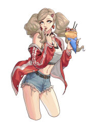 Rule 34 | 1girl, blonde hair, blue eyes, blue shorts, cherry hair ornament, commentary, crop top, denim, denim shorts, earrings, english commentary, finger to mouth, food-themed hair ornament, hair ornament, hairclip, highres, holding, holding ice cream cone, ice cream cone, jacket, jewelry, kurokawa karasu, looking at viewer, midriff, navel, open clothes, open jacket, parted lips, persona, persona 5, red jacket, ring, shorts, solo, standing, takamaki anne, tank top, torn clothes, torn shorts, twintails, white tank top