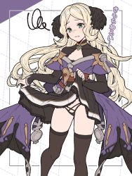 Rule 34 | 1girl, black panties, blonde hair, clothes lift, disgust, dress, dress lift, granblue fantasy, green eyes, grid background, highres, ll 0109, long hair, mireille (granblue fantasy), outside border, panties, solo, squiggle, thighhighs, underwear
