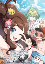 1girl 2boys armpits baseball_cap beach black_bra blue_eyes blue_shorts bra bra_visible_through_clothes brown_hair cloud cloudy_sky creature_on_head creatures_(company) day dwebble eyewear_on_head flower food game_freak gen_3_pokemon gen_5_pokemon green_eyes green_hair grin hair_between_eyes hair_flower hair_ornament hat highres hilbert_(pokemon) hilda_(pokemon) holding holding_food holding_ice_cream ice_cream jacket jewelry joltik long_hair looking_at_viewer momo_maru_(mmmrchiru) multiple_boys n_(pokemon) necklace nintendo no_shirt ocean open_mouth oshawott outdoors pimp pokemon pokemon_(creature) pokemon_bw ponytail red_hat selfie short_hair shorts sidelocks sky smile sundae topless_male underwear v water white_jacket wingull