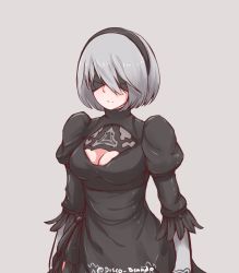 Rule 34 | 1girl, 2b (nier:automata), artist name, blindfold, blush, breasts, cleavage, cleavage cutout, closed mouth, clothing cutout, covered eyes, disco brando, dress, facing away, grey background, grey hair, hairband, highres, medium breasts, nier:automata, nier (series), short hair, simple background, smile, solo, standing, turtleneck, turtleneck dress, twitter username