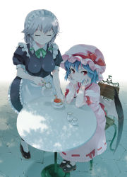 Rule 34 | 2girls, bat wings, blue hair, braid, head rest, closed eyes, fang, female focus, hat, izayoi sakuya, looking at viewer, maid, maid headdress, mary janes, multiple girls, pouring, red eyes, remilia scarlet, shade, shirota dai, shoes, short hair, silver hair, sitting, smile, table, tea, embodiment of scarlet devil, touhou, twin braids, wings