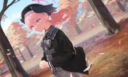 Rule 34 | 1girl, absurdres, autumn, autumn leaves, beret, black hat, black jacket, black wings, blue archive, blush, closed mouth, cthlo, day, dress, grey dress, hat, head wings, highres, jacket, koharu (blue archive), long hair, long sleeves, outdoors, pink eyes, pink hair, solo, tree, twintails, wings
